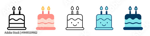 Set of 5 birthday cake icons with two candles in outline, flat, and filled styles. Includes pastel and bold color versions. Perfect for party themes, greeting cards, and UI elements. Icons.