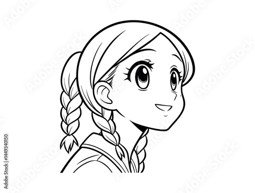 Cute anime girl with pigtails looking upwards in a black and white illustration, A captivating, black-and-white line drawing of a young anime girl. anime girl, anime character, cartoon girl, pigtails,