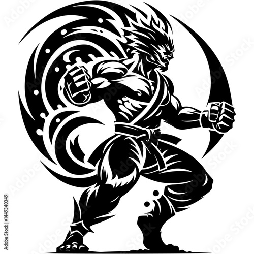 Tattoo emblem of monstrous fairytale werewolf fighter with huge muscles and a dragon head in monochrome. Engraving minimalistic vector in black ink drawing on transparent background