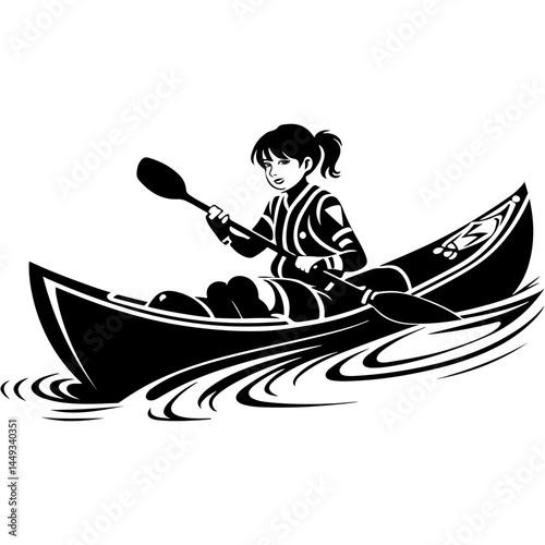 Sketchy engraving emblem of girl tourist sails on a canoe on a lake in monochrome. Engraving minimalistic vector in black ink drawing on transparent background