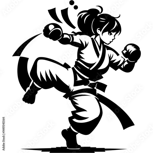 Tattoo emblem of final blow in a combat duel from a martial artist in monochrome. Engraving minimalistic vector in black ink drawing on transparent background