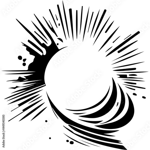 Sport frame of round ball exploding with sparks and rays in monochrome. Engraving minimalistic vector in black ink drawing on transparent background