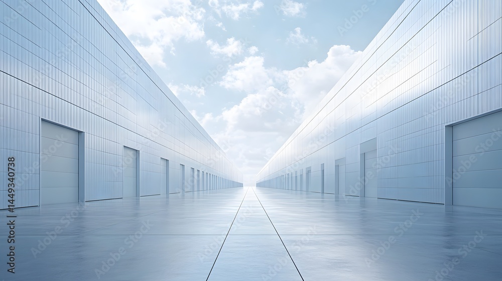 Expansive rear view of large white warehouse at distribution center showing logistics, storage, and shipping operations
Expansive rear view of large white warehouse at distribution center showing logistics, storage, and shipping operations