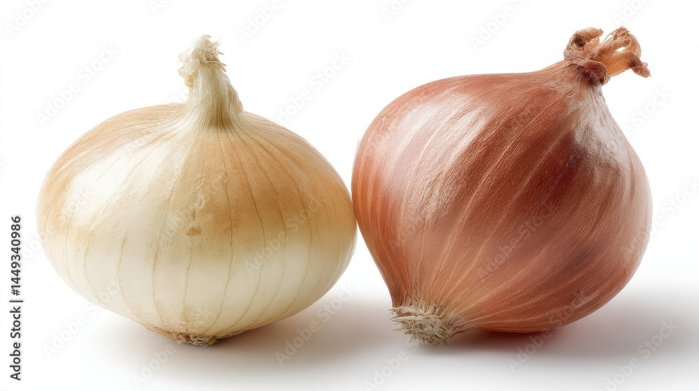 Fototapeta premium Two whole onions, one light beige/tan, one reddish-brown, side-by-side on white background