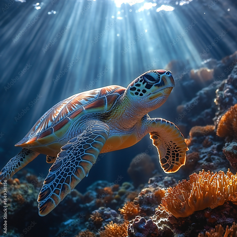 Fototapeta premium A sea turtle gracefully navigating through a coral reef with sunlight above
