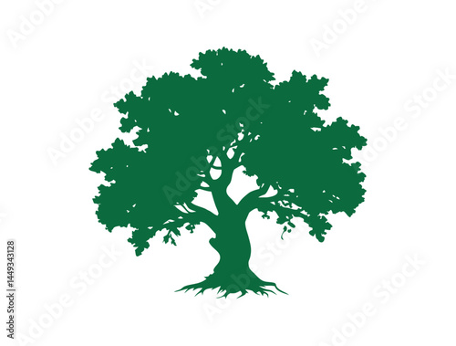Striking silhouette of a majestic tree in black and green.  silhouettes of a large tree are presented against a plain white background. tree, silhouette, nature, landscape, forest, outdoors, green, bl