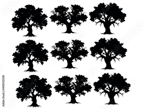 Nine Silhouettes of Majestic Trees, Ideal for Graphic Design,likely inspired by bonsai or other stylized tree forms. tree set, logo, vector illusatration, bonsai, tree, silhouette, bonsai, tree, silho