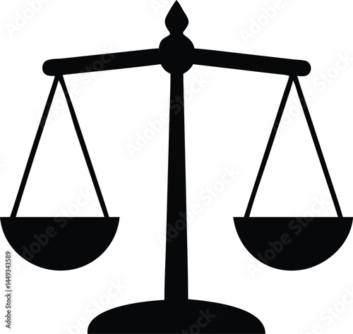 This black silhouette shows traditional balanced scales of justice on a plain white background