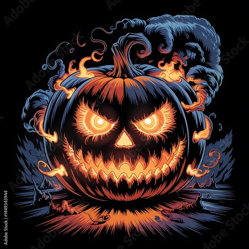 Fiery Evil Jack-o'-Lantern Pumpkin Illustration – Scary Halloween Art on Black Background