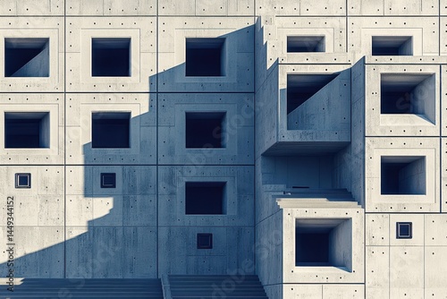 Modern concrete building facade with a series of recessed squares and angled shapes  Shadows cast by the recesses and projections add dimension  Staircase leads to upper levels