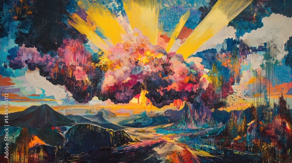 Fototapeta premium Colorful sunrise over surreal mountains; vibrant cloudscape; fantasy art; ideal for album art