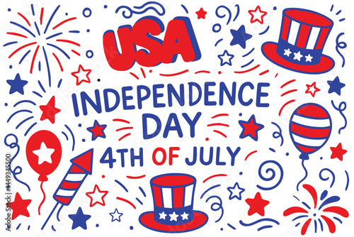 Vector background with fun doodle elements, celebrating Independence Day on July 4th, filled with fireworks and festive American spirit.