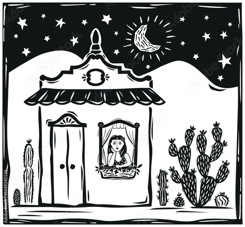 Cute little house typical of the interior of the country, cacti and stars. Illustration in the style of woodcut, northeastern cordel. Vector illustration.eps