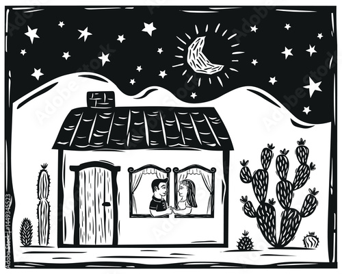 Cute little house with a couple in love at the window. Cactus and starry night. Illustration in the style of woodcut, northeastern cordel..eps