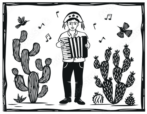 Musician playing the accordion, cacti and birds. Woodcut in the style of Brazilian cordel. Vector illustration..eps