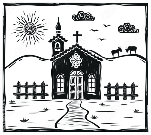 small church in a rural landscape. chapel. Illustration in the style of Brazilian woodcut, northeastern cordel. Vector illustration.eps