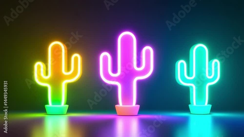 Vibrant neon cactus shapes illuminated in a range of colorful bright lights