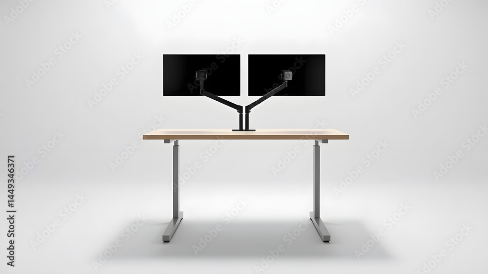 Adjustable Standing Desk with Dual Monitor Arms, Isolated Home Office Setup Adjustable Standing Desk with Dual Monitor Arms, Isolated Home Office Setup