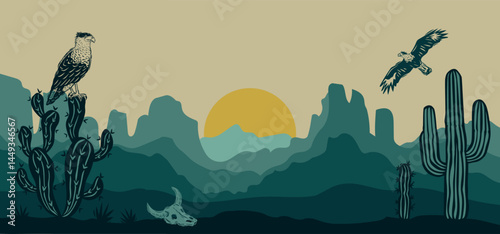 Wild desert landscape with hawk and canyons. Panoramic horizontal illustration with modern style and vibrant colors. Vector illustration.eps