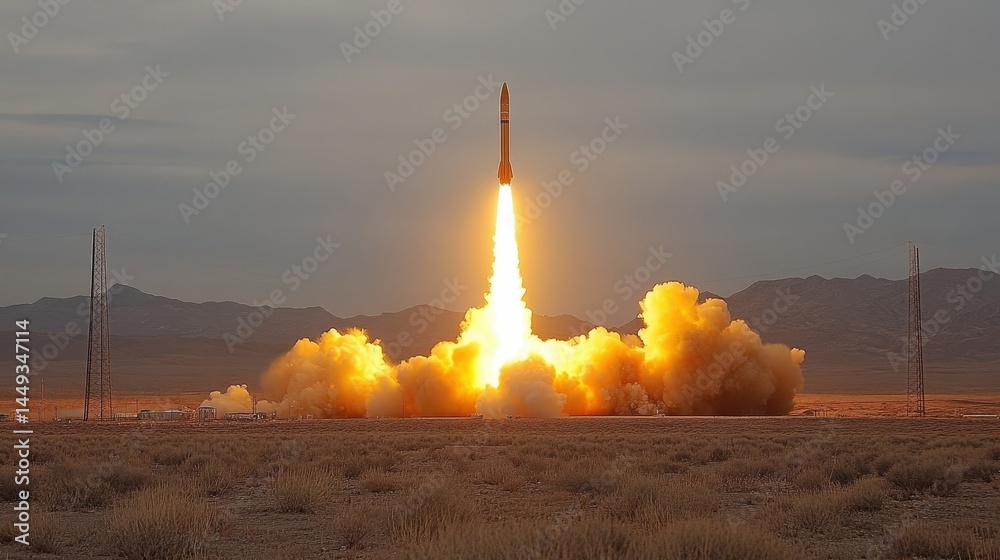 A powerful rocket launch into the dusky sky.