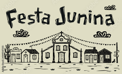 Colorful poster for FESTA JUNINA. Illustration in the style of a northeastern woodcut with a village of houses and a church..eps