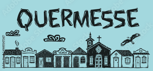 Colorful poster for QUERMESSE. Illustration in the style of a northeastern woodcut with a village of houses and a church..eps