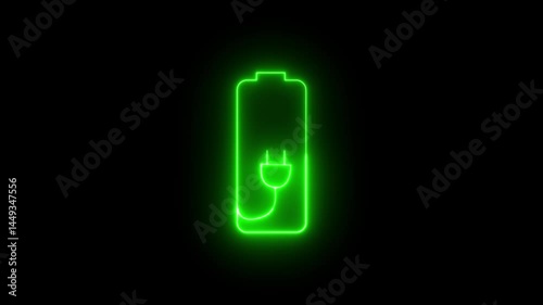 Icon of a green battery with a green plug attached to it. The battery is lit up and the plug is glowing, in neon light