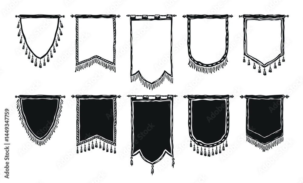 royal medieval flag, silhouette of pennants hanging with tassel. Flat design with white and black background. Editable vector illustration.eps