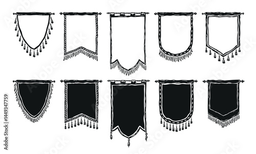 royal medieval flag, silhouette of pennants hanging with tassel. Flat design with white and black background. Editable vector illustration.eps