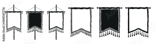 Set of vertical banners drawn in the style of old woodcut, linocut. Medieval pennants, emblem, coat of arms. Editable vector illustration.eps