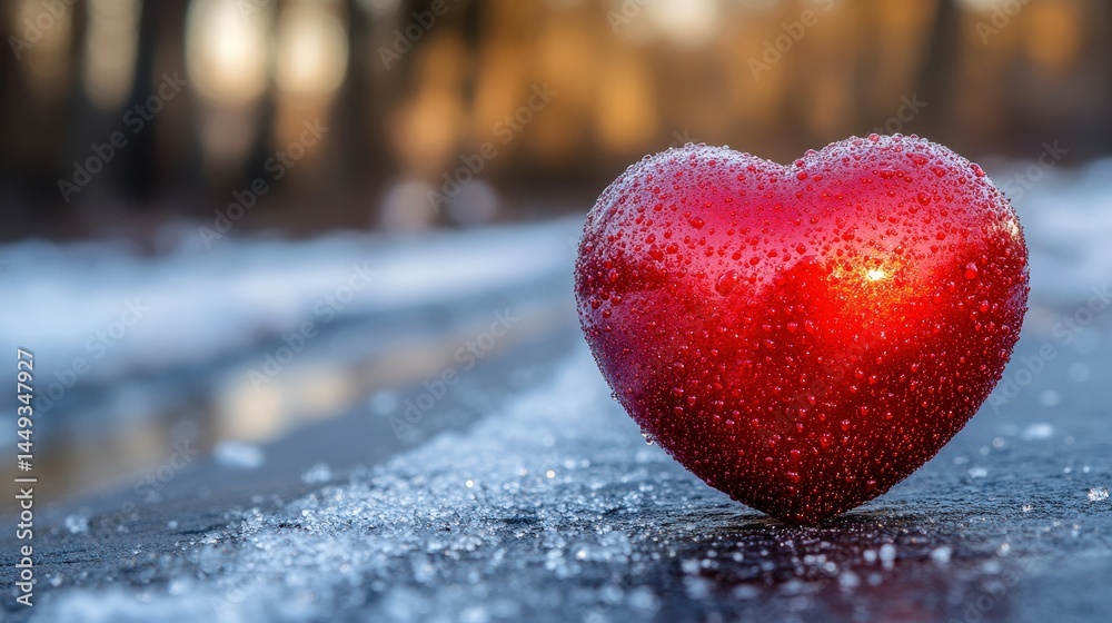A vibrant red heart rests on a wintery path.