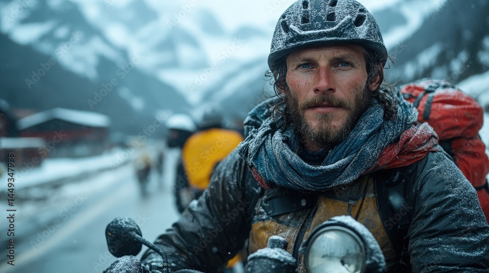 A rugged traveler's portrait on a snowy mountain pass.