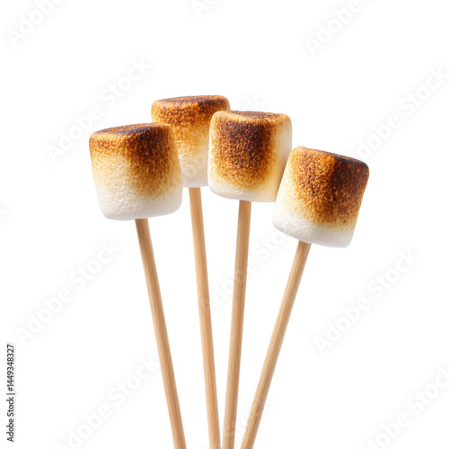 Four toasted marshmallows on wooden skewers, a sweet treat for a campfire isolated on transparent background