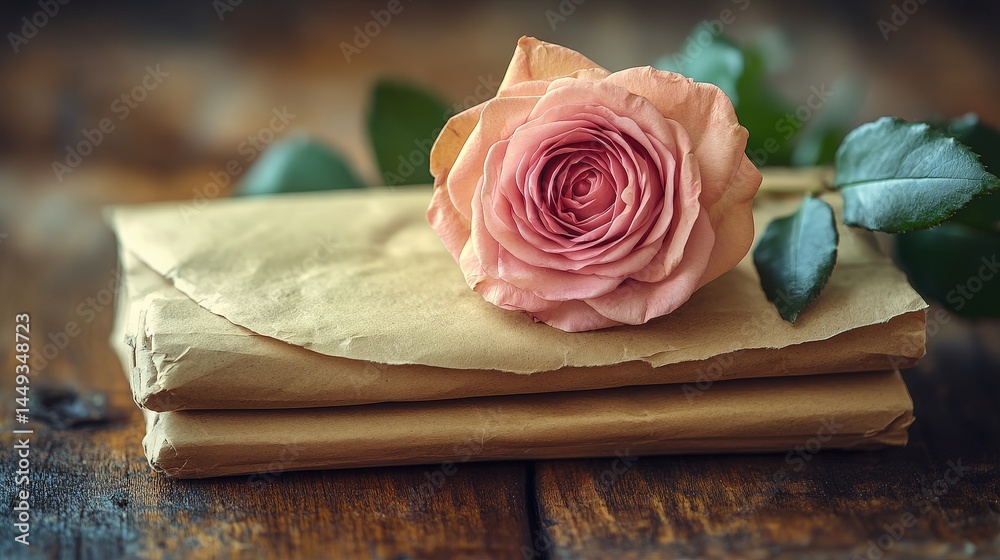 Delicate pink rose rests on stacked kraft paper envelopes.