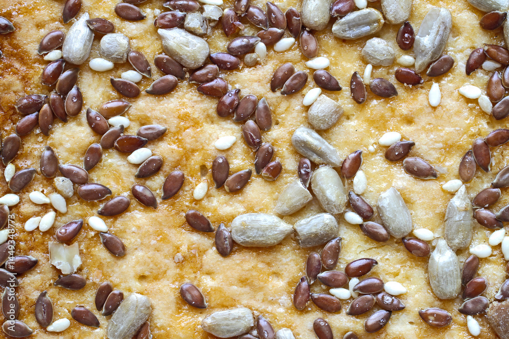 Close-up of the surface of a bakery product with seeds and grains. Natural healthy food.