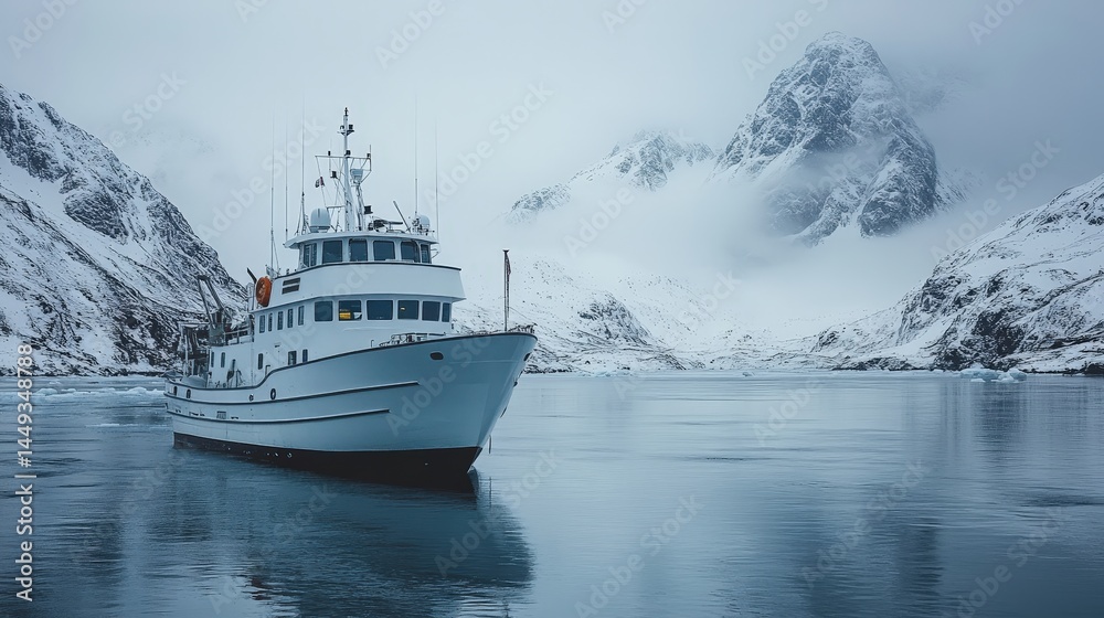 White vessel anchored in a frigid arctic bay.