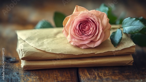 Obraz na płótnie Delicate pink rose rests on stacked kraft paper envelopes. w salonie