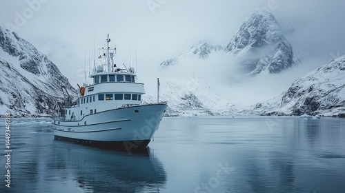 Obraz na płótnie White vessel anchored in a frigid arctic bay. w salonie