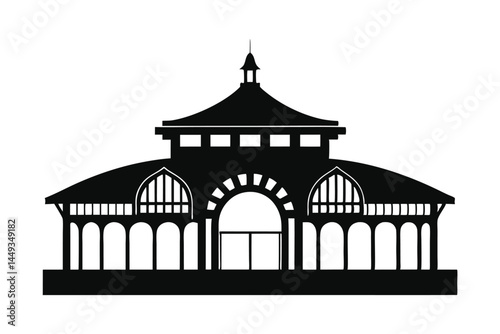 Modern Train Station Silhouette Vector with Arched Roof and Platform