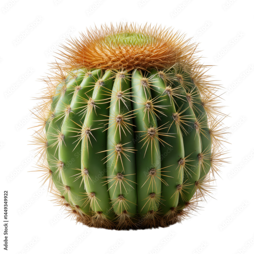 Realistic photograph of round green cactus with sharp yellowish spines and fuzzy orange crown on top showing detailed texture and natural beauty in close up view Realistic photograph of round green cactus with sharp yellowish spines and fuzzy orange crown on top showing detailed texture and natural beauty in close up view