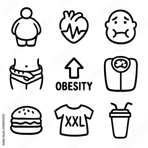 A set of doodle line icons illustrating obesity and related issues including weight gain, junk food, heart risk, scale, and large clothing size