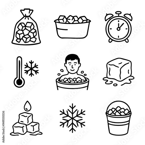 A set of doodle line icons illustrating cold therapy with ice baths, timers, melting cubes, snowflakes, low temperature, and recovery practices