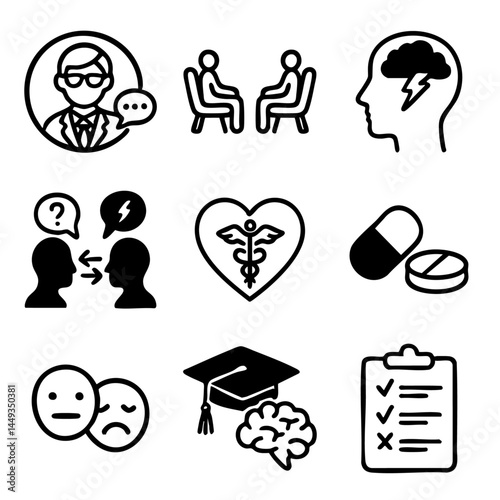 A set of doodle line icons focused on mental health, therapy sessions, brain care, emotions, medication, diagnosis, and psychological support