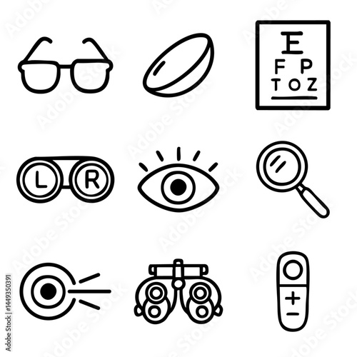 A set of doodle line icons representing optometry and vision care including glasses, contact lens, eye chart, eye exam tools, and diagnostics