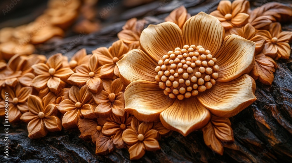 Ornate wooden floral necklace detail on a dark wood background.