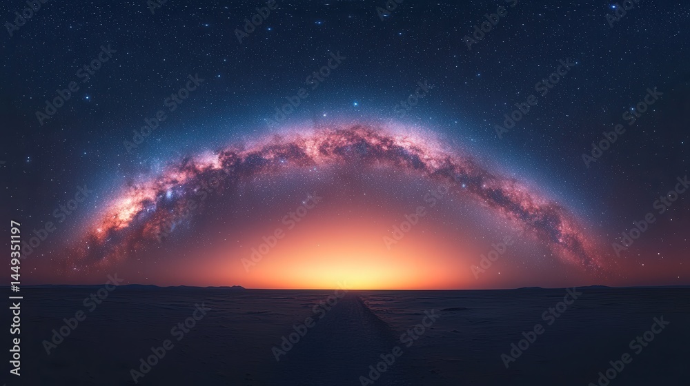 A breathtaking panoramic view of a celestial arch over a vast, sunrise-lit landscape.