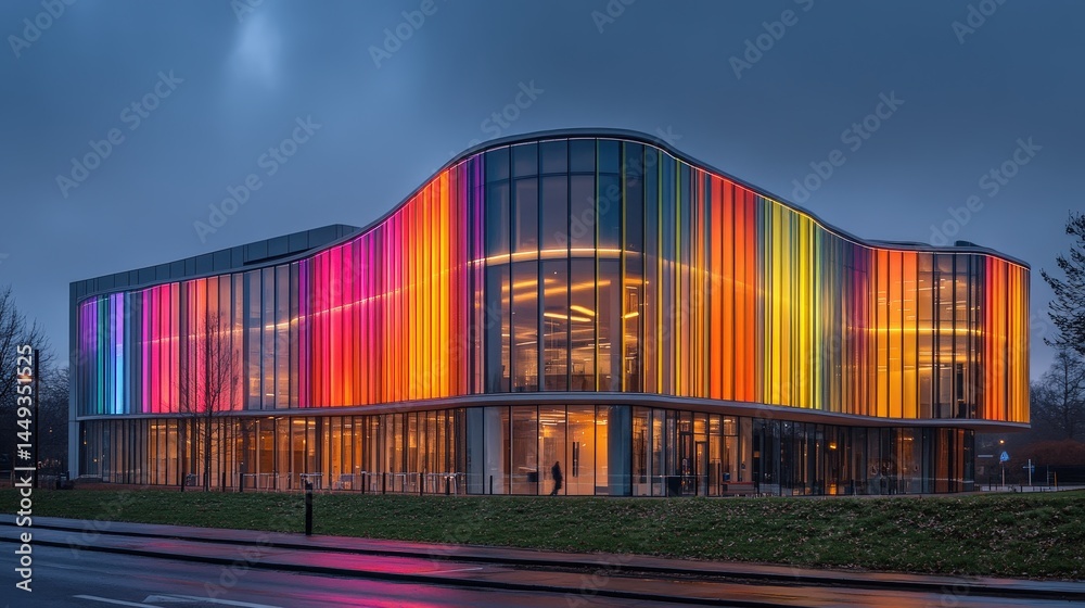 Vibrant modern building facade at twilight.