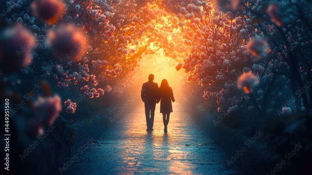 Couple walking through a magical blossom tunnel at sunrise.
