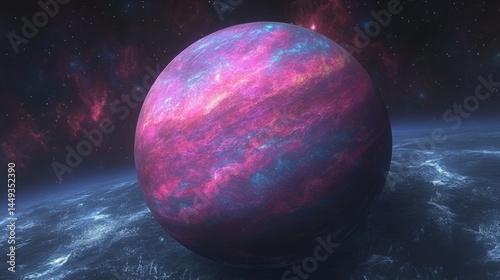 Colorful celestial sphere amongst nebulae in space.