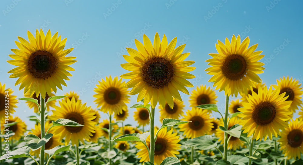 Obraz premium Vibrant Sunflowers in a Summer Field, Bright Blue Sky Background